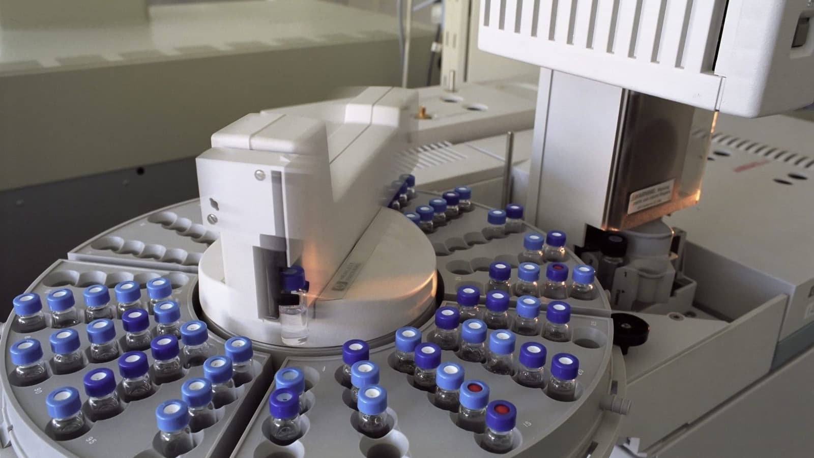 Sample vials arranged in an automated chromatography instrument