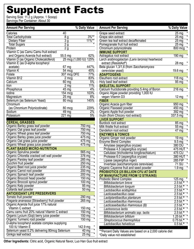 Green Vibrance 30 Day Supplement Facts panel showing serving size, fiber, protein, and probiotic CFU