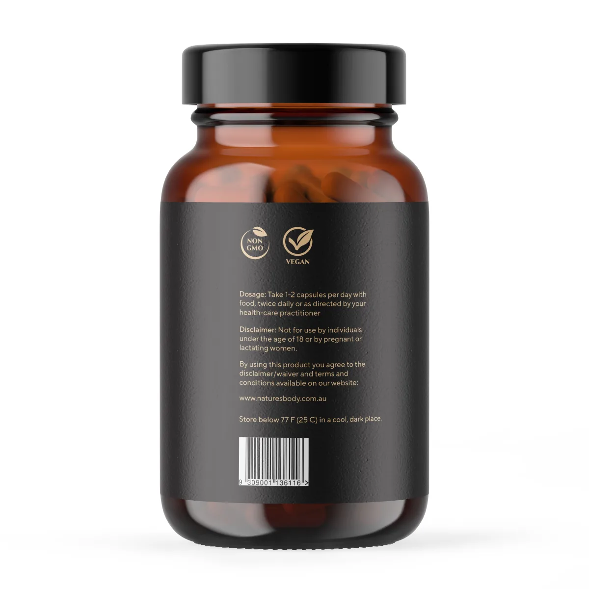 Side of a Nature's Body NAC bottle showing side-label directions and warnings