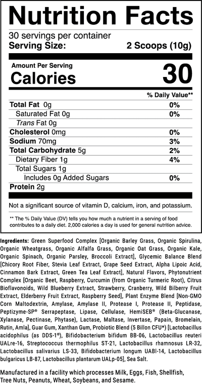 Opti Greens 50 Natural Berry Nutrition Facts panel showing serving size and blend-level formula structure