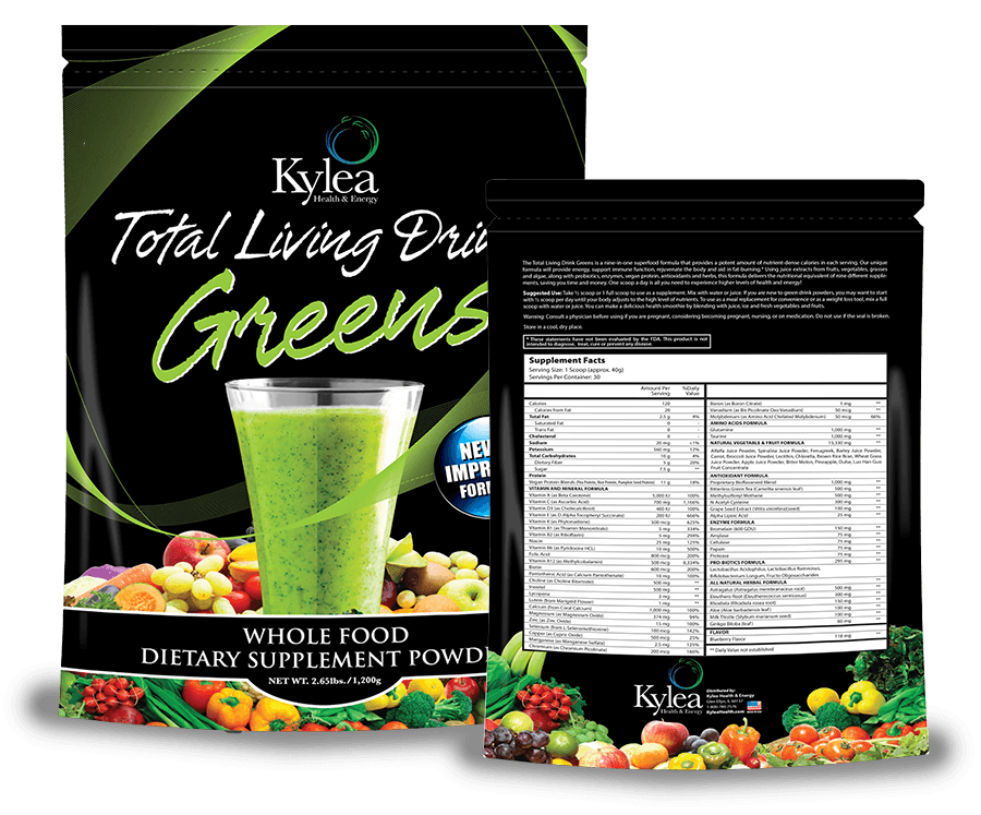 Total Living Drink Greens front and back package image from Kylea's public product page