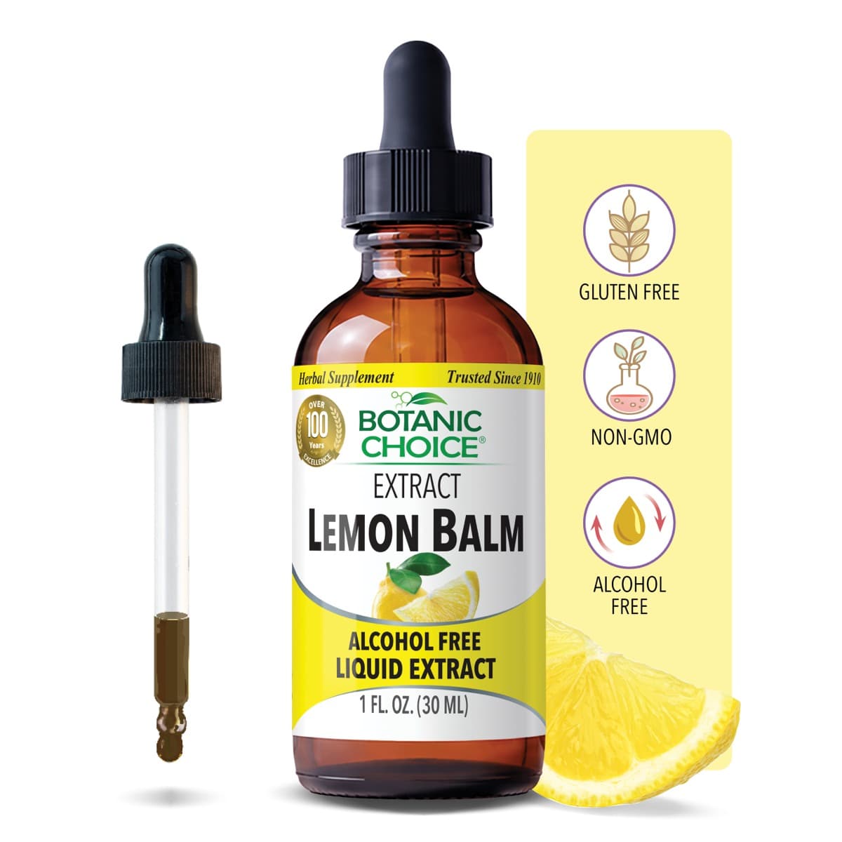 Botanic Choice lemon balm alcohol-free liquid extract, 1 fl oz bottle with dropper