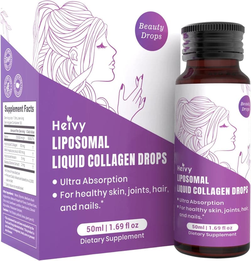 Heivy liposomal liquid collagen drops bottle and box, labeled for skin, joints, hair, and nails