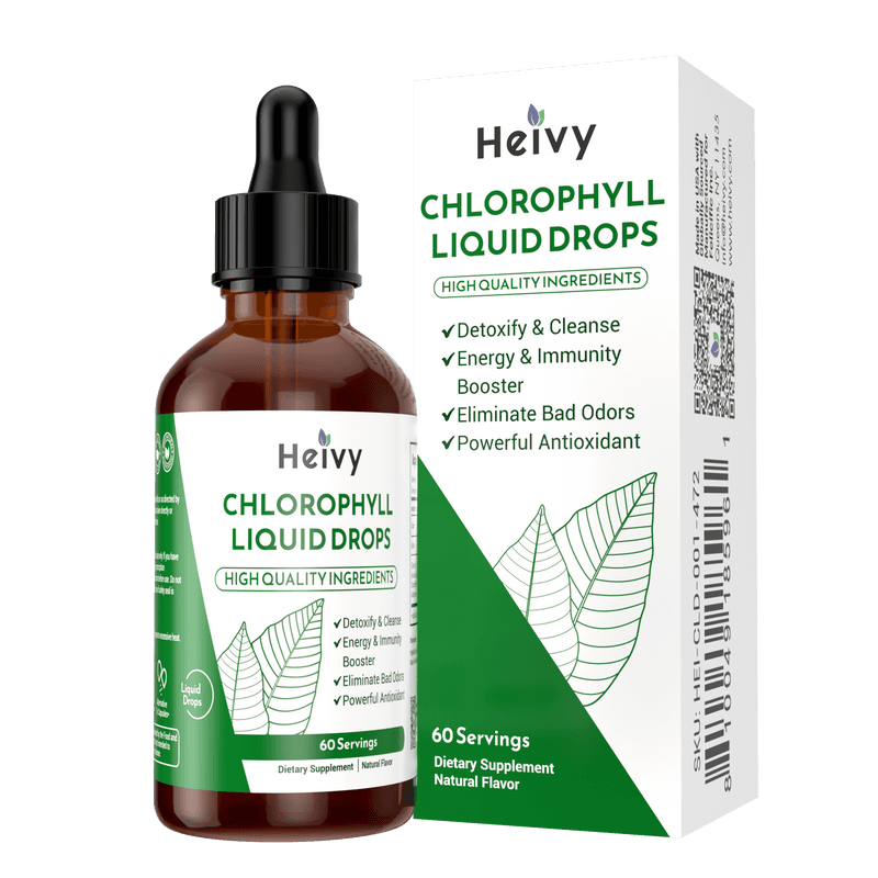 Heivy chlorophyll liquid drops bottle and box, labeled to eliminate bad odors