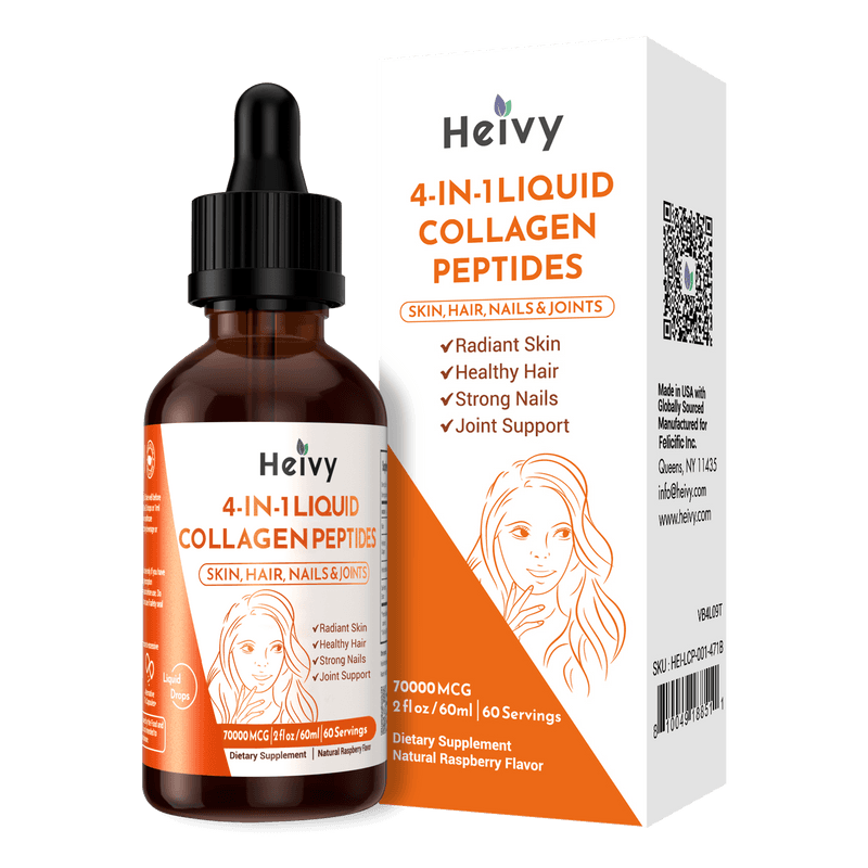 Heivy 4-in-1 liquid collagen peptides dropper, labeled for skin, hair, nails, and joints
