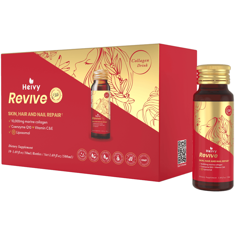 Heivy Revive Elite collagen drink box, labeled 10 bottles of 10,000 mg marine collagen with CoQ10 and a liposomal mark