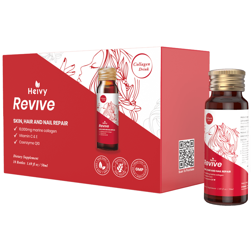 Heivy Revive collagen drink 10-pack, labeled 10,000 mg marine collagen for skin, hair, and nails