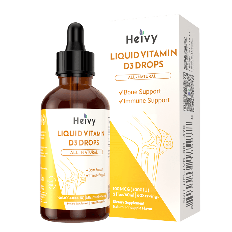 Heivy liquid vitamin D3 drops, labeled 100 mcg (4000 IU) for bone support and immune support