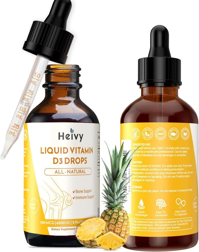 Two bottles of Heivy pineapple vitamin D3 drops, labeled 100 mcg (4000 IU)